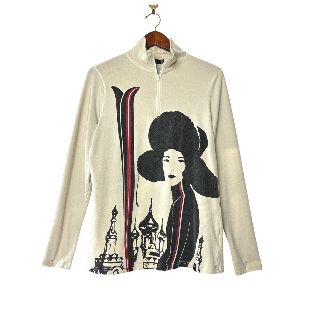 Neve Designs Silk Wool Blend Ski Graphic Quarter Zip Sweater Cream Women XL